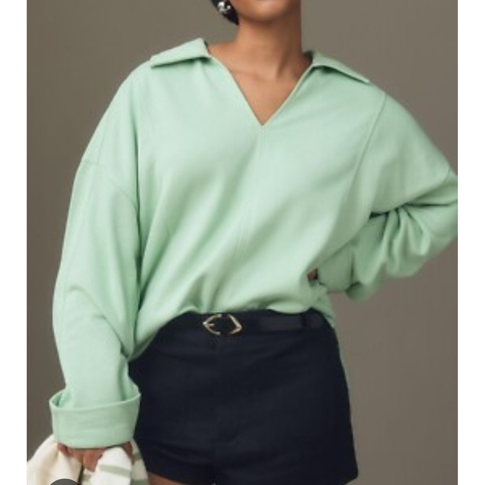 Pilcro Anthropologie V-Neck Polo Sweatshirt Lime Green Oversized Fleece XS